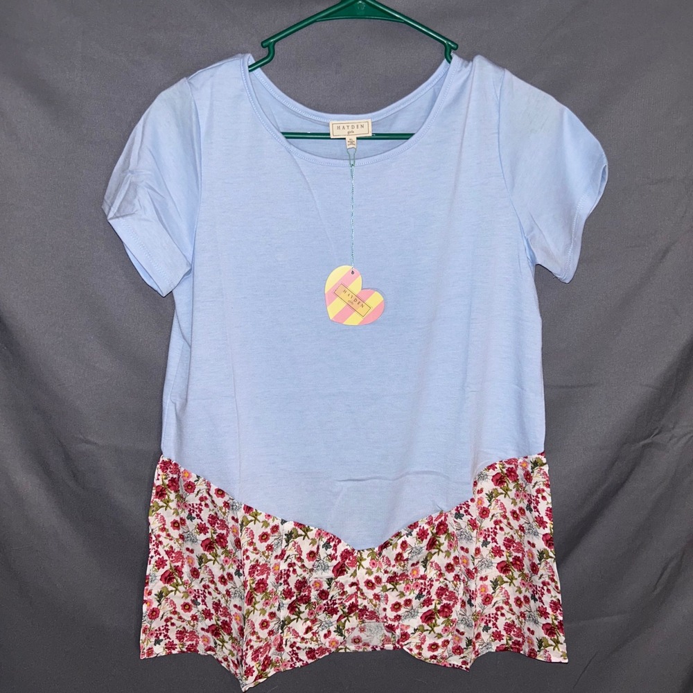 Hayden Girls Floral Contrast T-Shirt Light‎ Blue Short Sleeve Top XL NWT